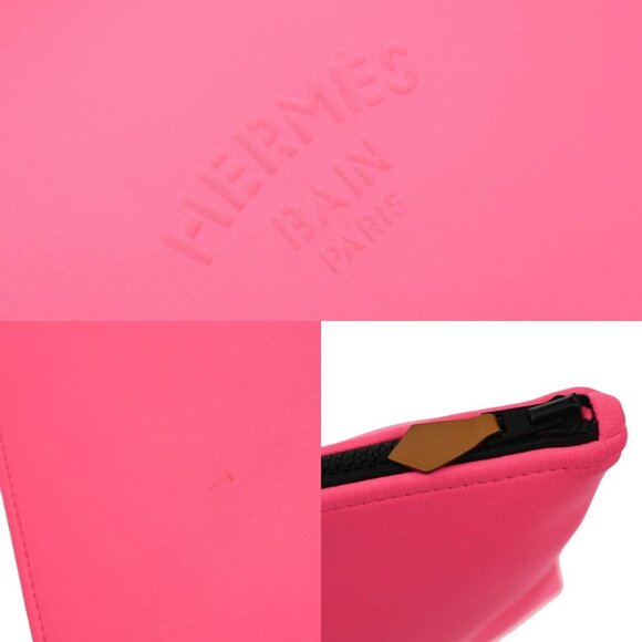 HERMES Logo Neobain GM Flat Pouch Polyamide Elastane Leather Pink - Picture 10 of 13
